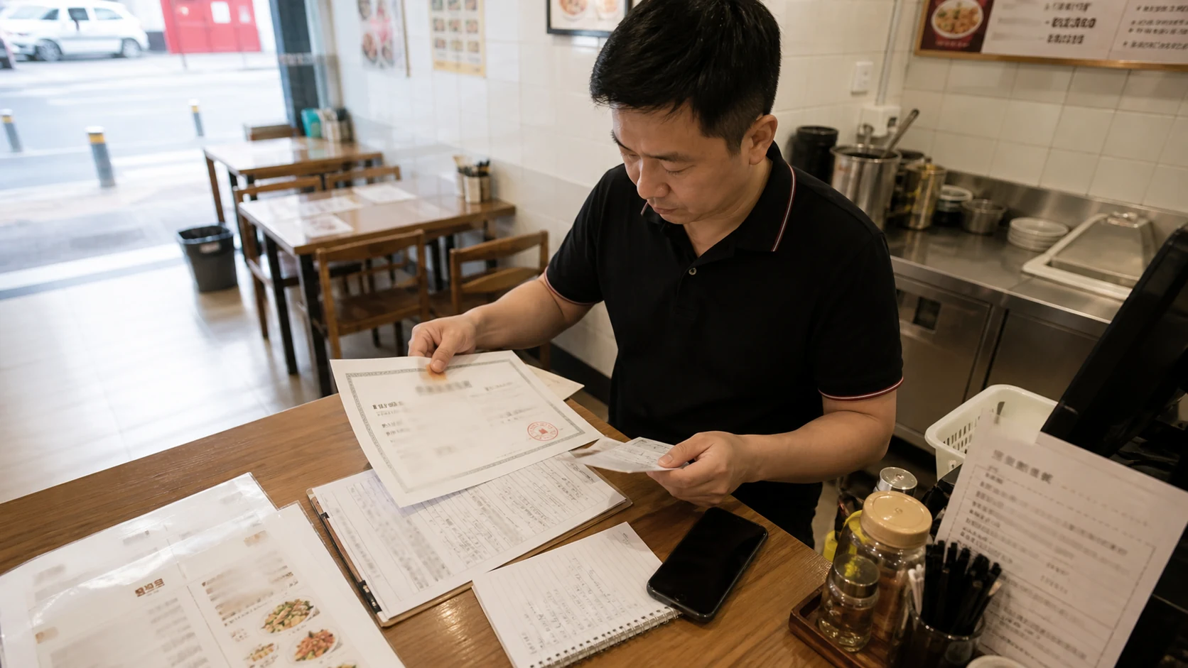 门店经营者核对账号和门店资料的场景示意