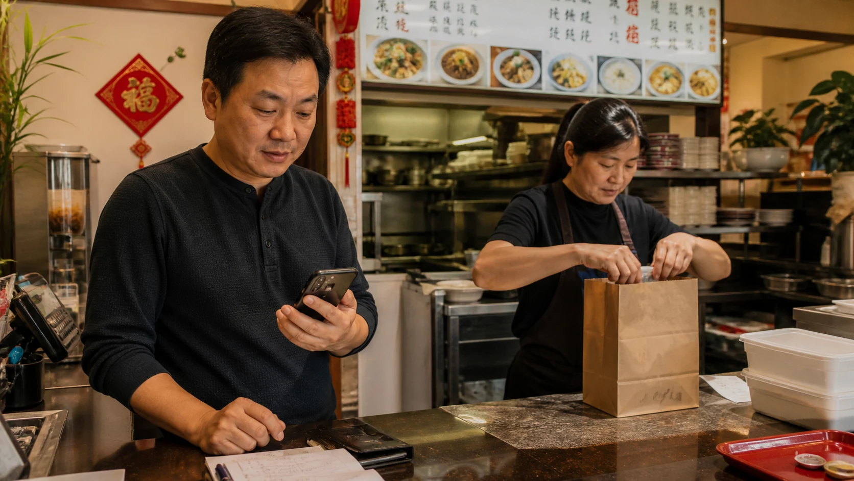 门店员工核对线上订单和取餐袋的场景示意